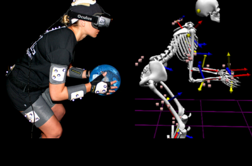 Person crouching with ball in VR headset next to skeleton in same position